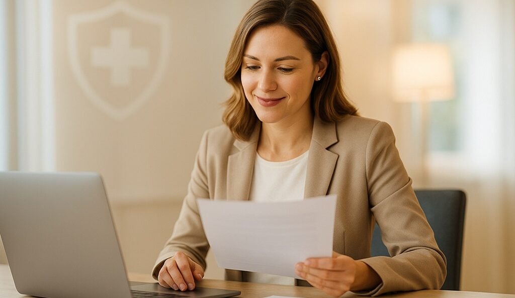 Mujer profesional de 30 años revisando documentos con laptop y café en oficina moderna. Mercado típico del Seguro Vida Mujer de Seguros Monterrey