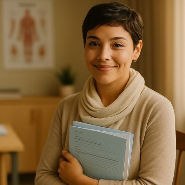 Mujer mexicana joven con cabello corto y bufanda suave, sonriendo mientras sostiene documentos médicos en una clínica acogedora, simbolizando recuperación y apoyo económico del Seguro Vida Mujer de Seguros Monterrey